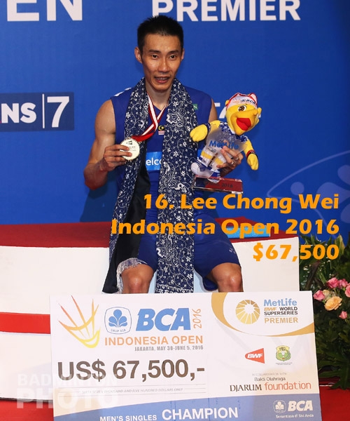 16. Lee Chong Wei - 2016 Indonesia Open, $67,500