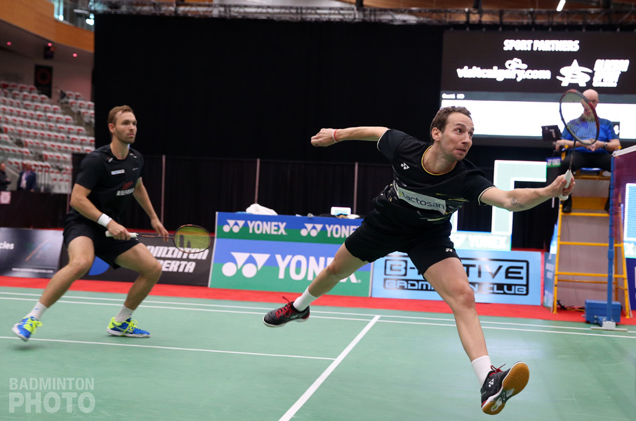 Mads Conrad-Petersen (left) and Mathias Boe at the 2019 Canada Open