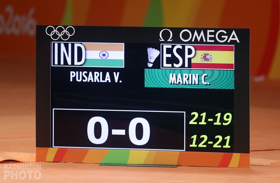 Scoreboard before Game 3 of the women's singles gold medal match at the 2016 Rio Olympics