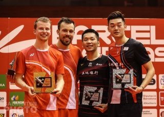2020 Spain Masters men's doubles podium (from left): Kim Astrup / Anders Skaarup Rasmussen (DEN, gold), Lee Yang / Wang Chi Lin (TPE, silver)