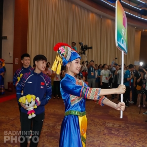 China's Zheng Siwei and Chen Yufei make their entrance at the Welcome Dinner preceding the 2019 Sudirman Cup