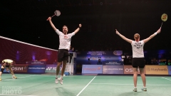Christinna Pedersen winning half of her doubles double at the 2013 Superseries Finals, with Joachim Fischer-Nielsen