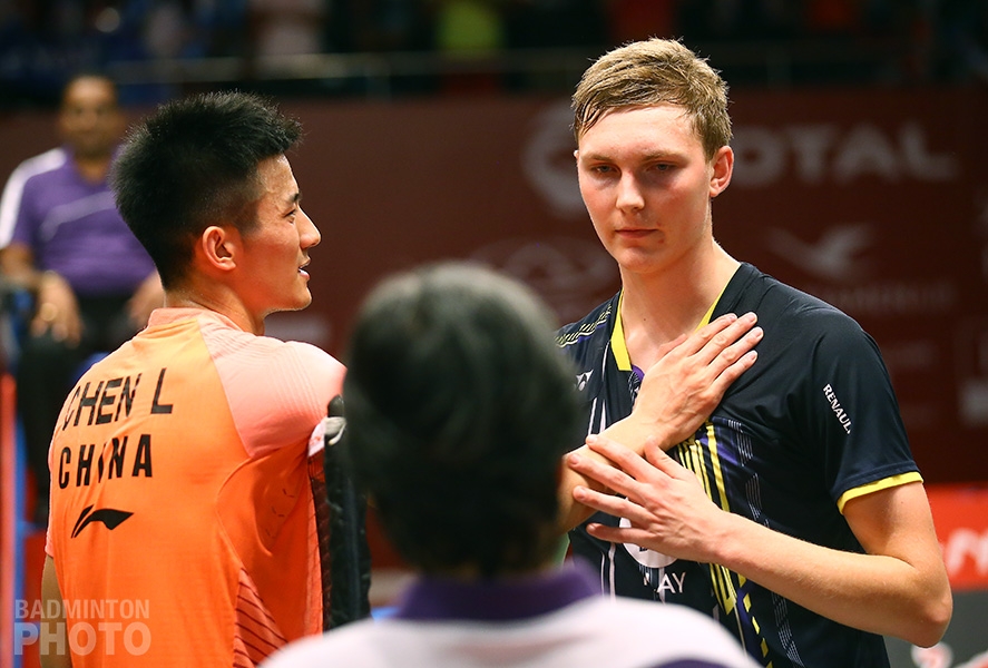 Chen Long of China, having beaten Denmark's Viktor Axelsen 21-18, 30-29 at the 2015 World Championships
