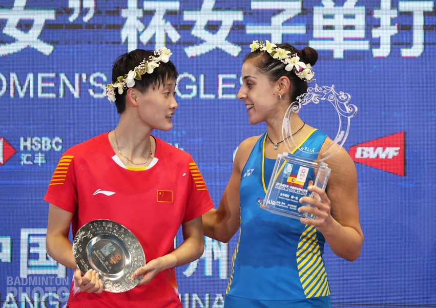 China Open women's singles runner-up Chen Yufei (CHN, left) and champion Carolina Marin (ESP)