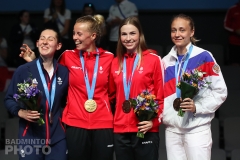 2019 European Games women's singles podium: Kirsty Gilmour, Mia Blichfeldt, Line Kjaersfeldt, Evgeniya Kosetskaya